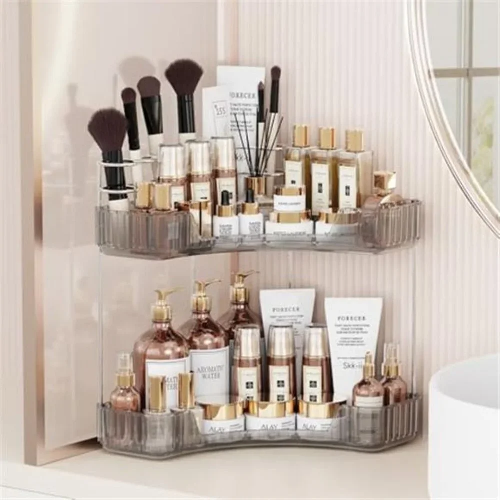 2 Tier Corner Bathroom Counter Organizer Makeup Skincare Brush Holder